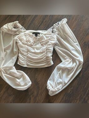 Forever 21 Cream Ruched Off-Shoulder Puff Sleeve Crop Top
